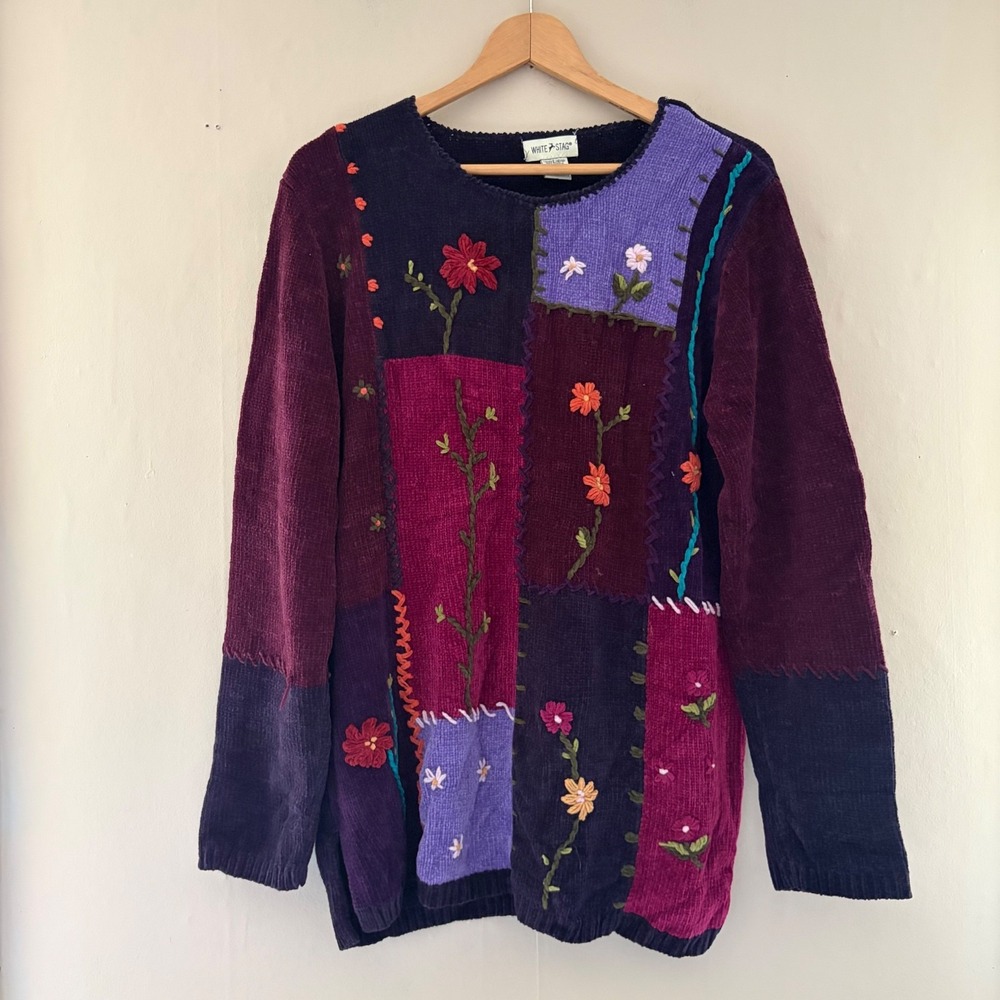 VTG White Stag Womens Floral Embroidered Sweater Size L Purple Whimsy Grannycore